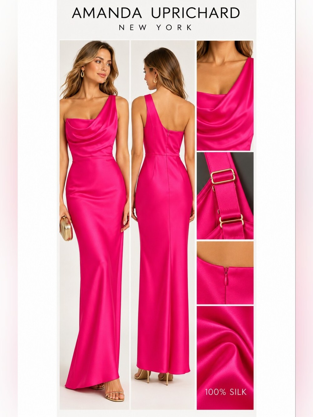 NWT Amanda Uprichard Tesoro Draped Gown 100% Silk Fuchsia Pink Size S